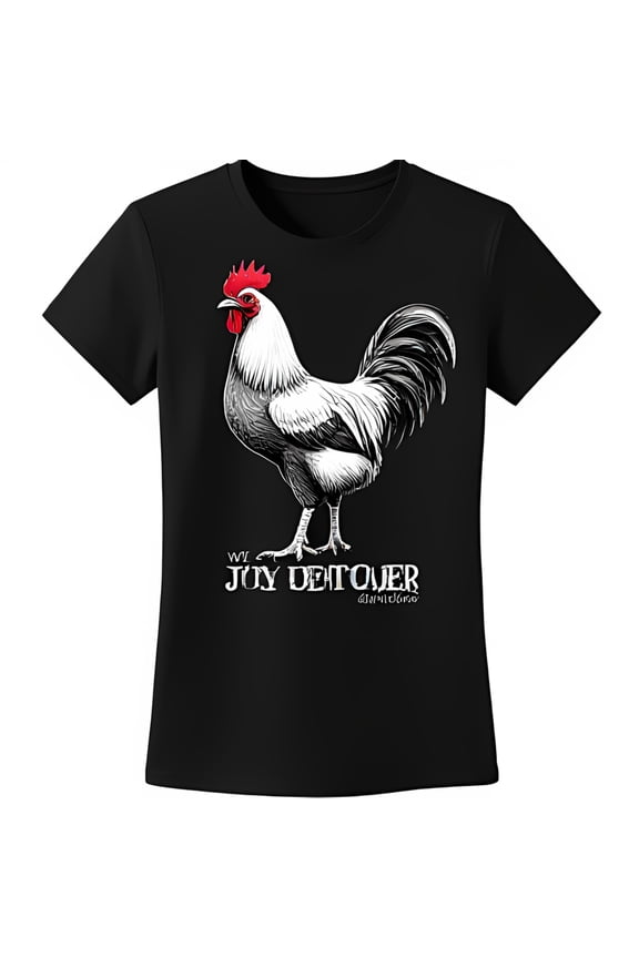 Black T-Shirt with Detailed White Rooster Graphic and Bold WI JUY DETOYER