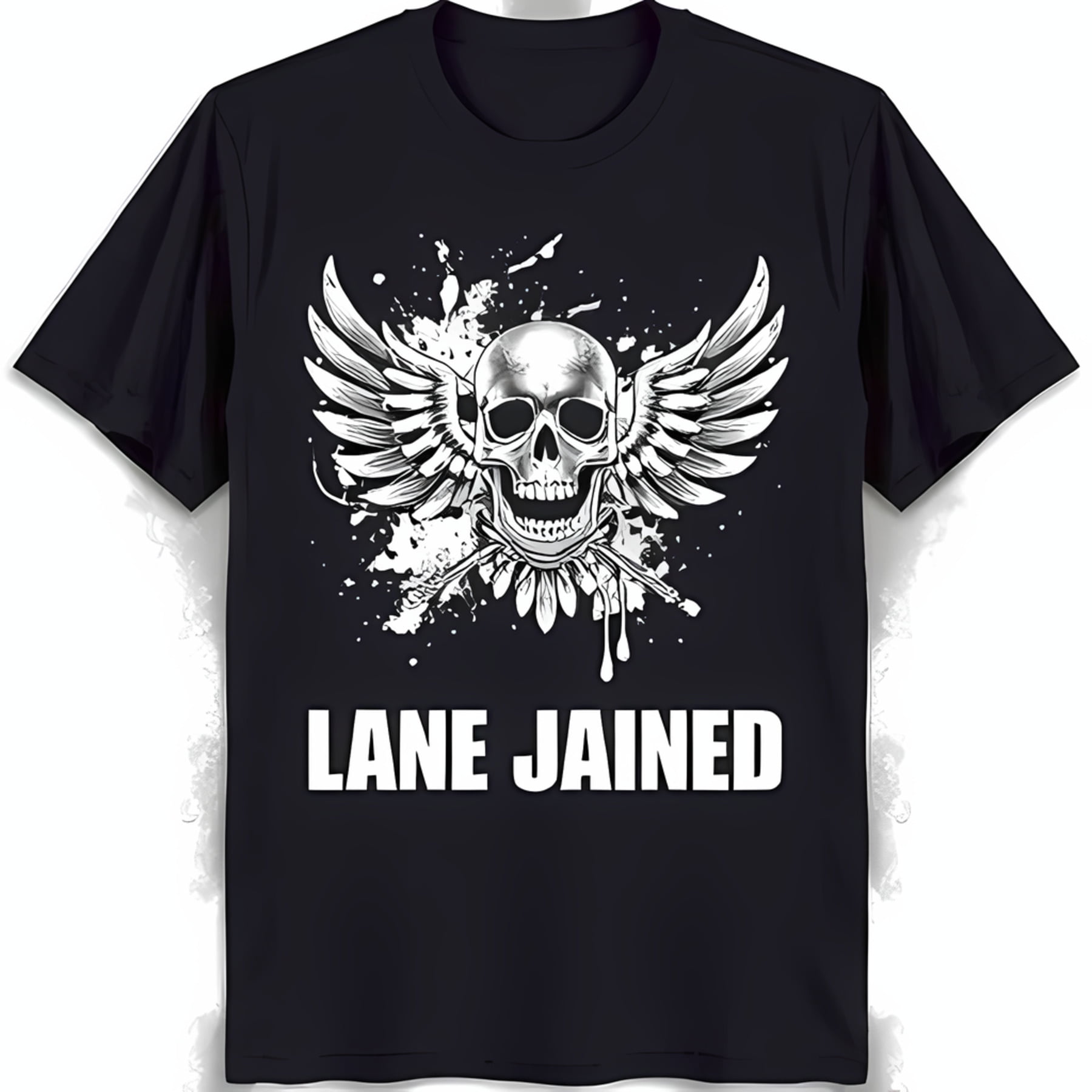 Black TShirt with Detailed White and Wings Design 'LANE JAINED' Graphic Tee
