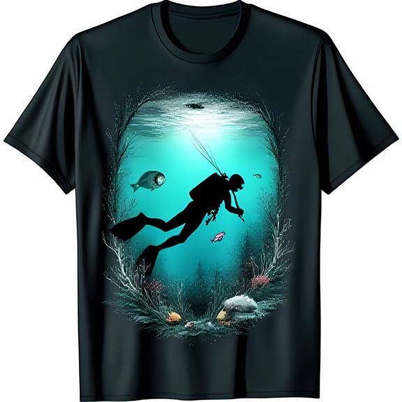 Black T-Shirt with Diver Graphic in Underwater Scene