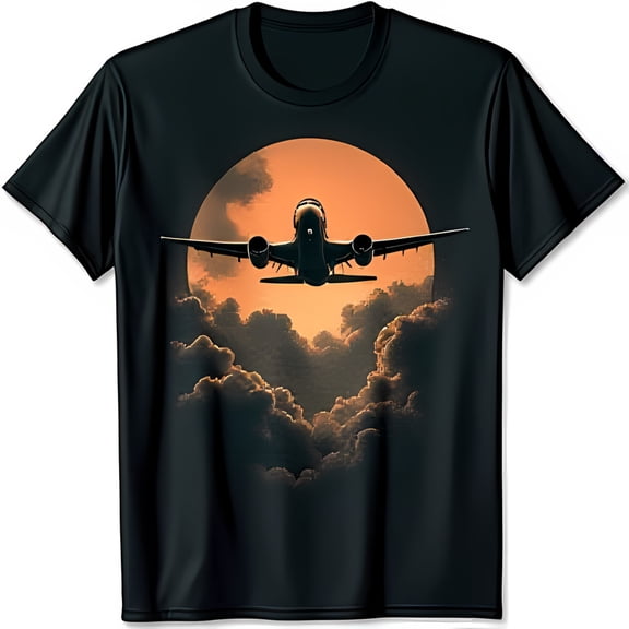 Black T-Shirt with Dramatic Plane Over Sunset Graphic for Aviation Lovers