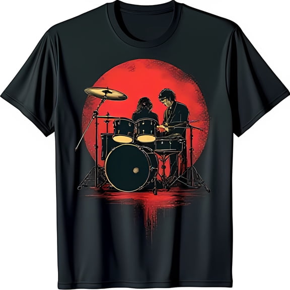 Black T-Shirt with Drummer and Vibrant Red Sun Graphic