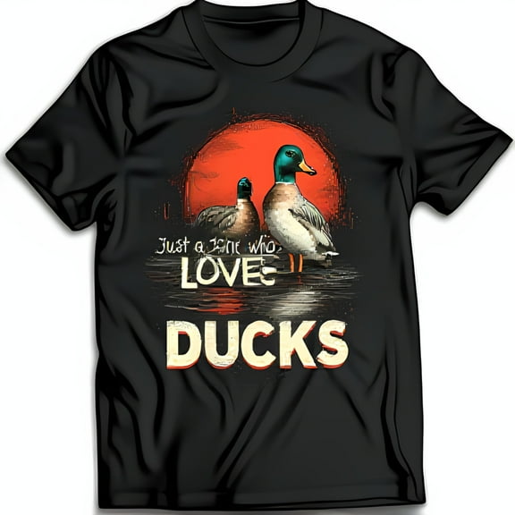 Black T-Shirt with Ducks at Sunset Just a Gent Who Loves Ducks Design