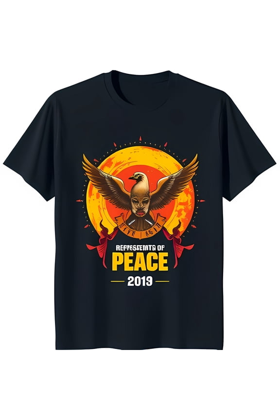 Black T-Shirt with Eagle in Graphic over Sun 'REPRESENTENTS OF PEACE 2019' Design