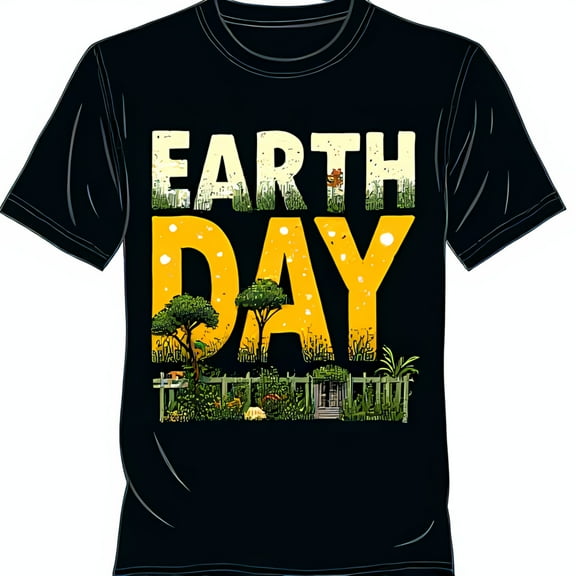 Black T-Shirt with Earth Day Graphic in Yellow on Green Leaves & Brown Branches