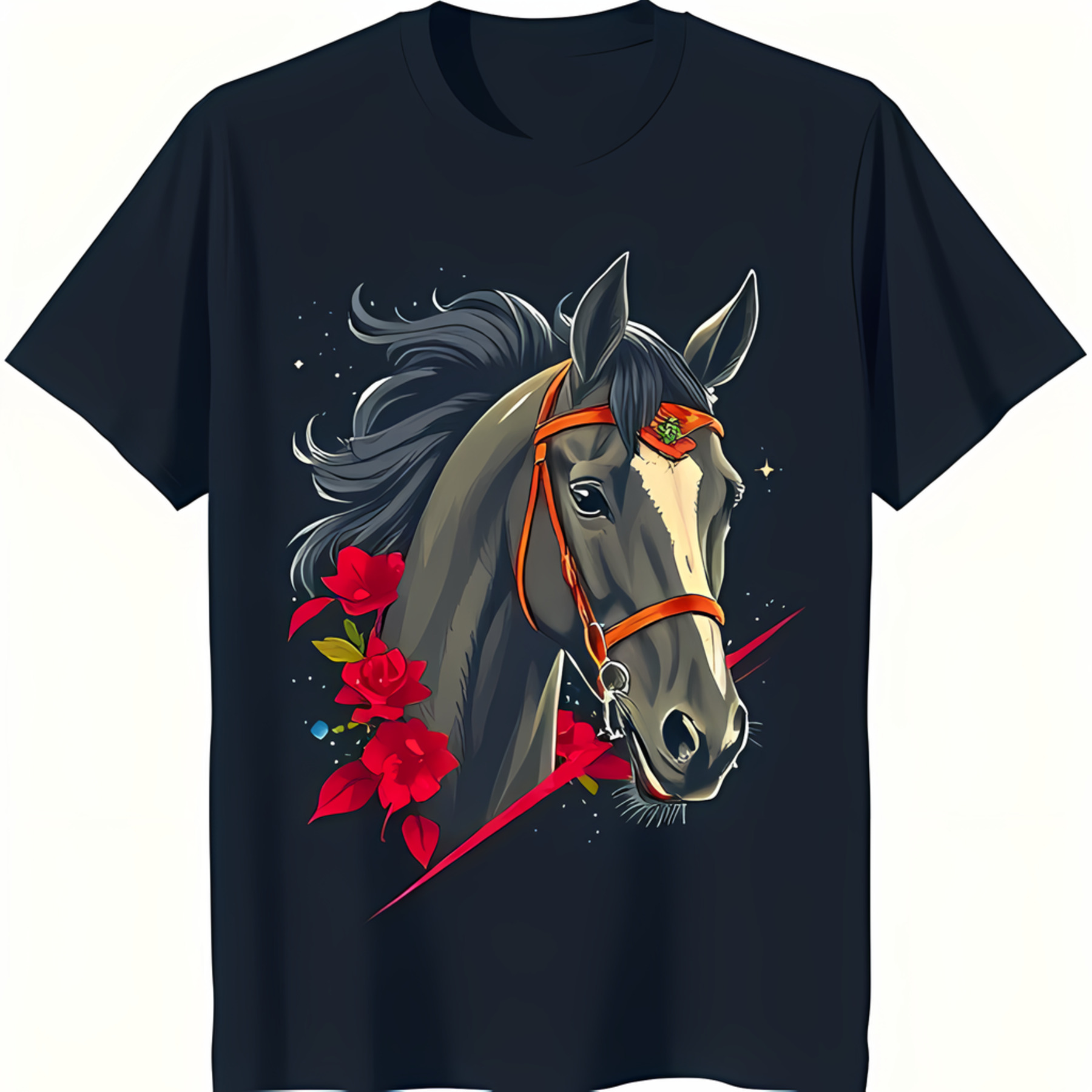 Black TShirt with Elegant Horse Head Design and Vibrant Red Flowers