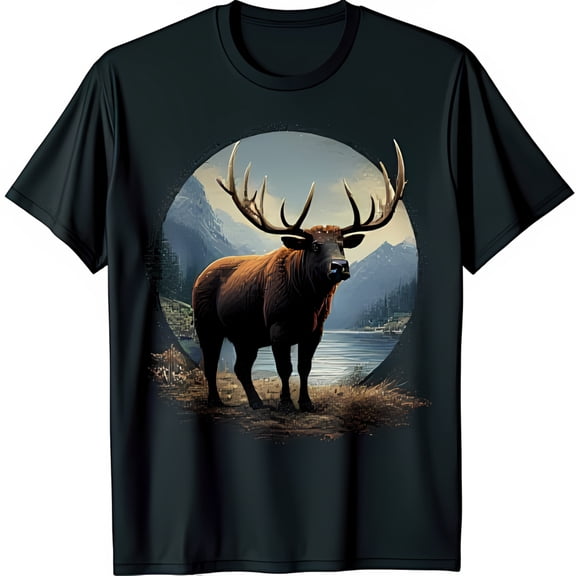 Black T-Shirt with Elk in Mountain Valley Graphic Nature Scene Design