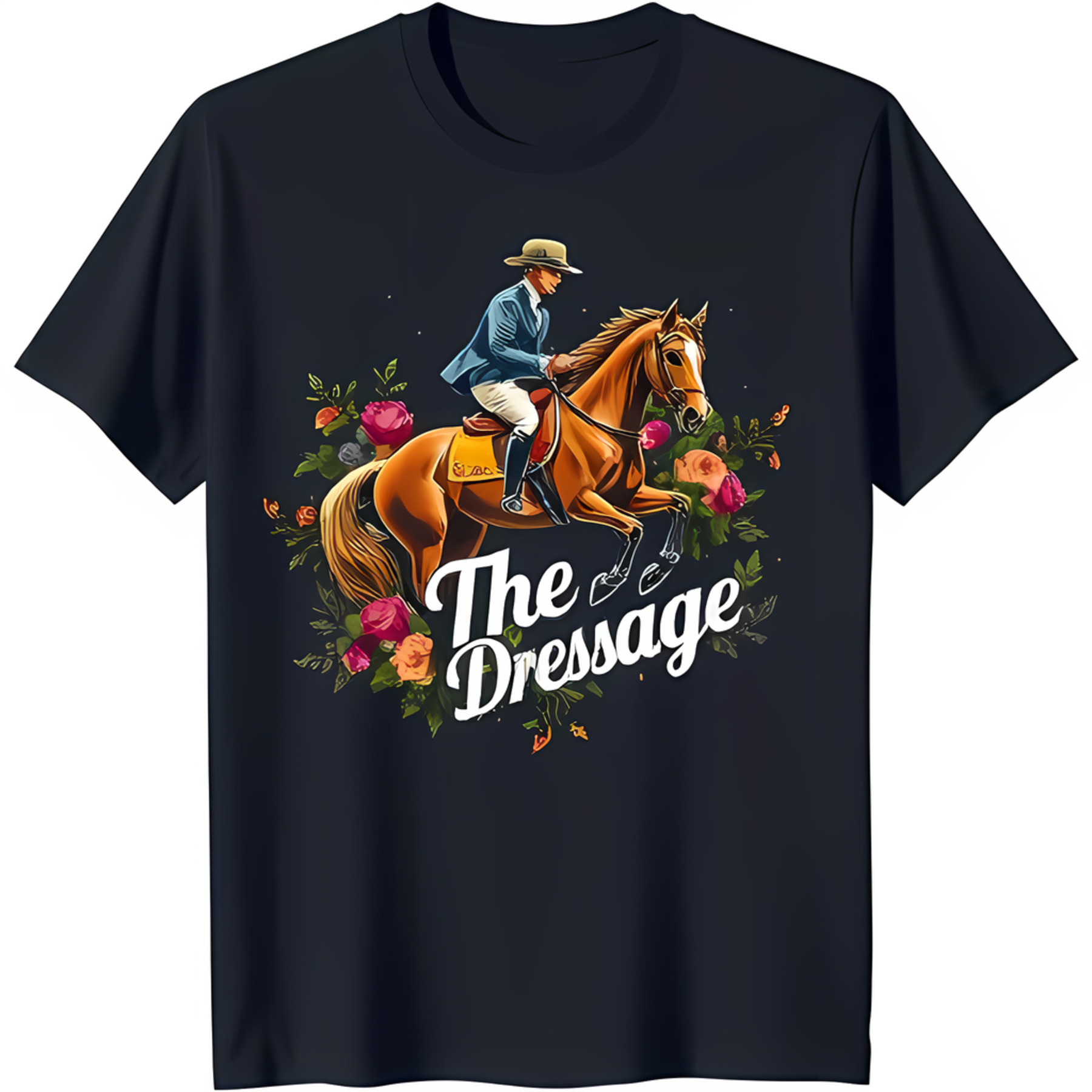 Black TShirt with Equestrian Rider & Floral Design 'The Dressage