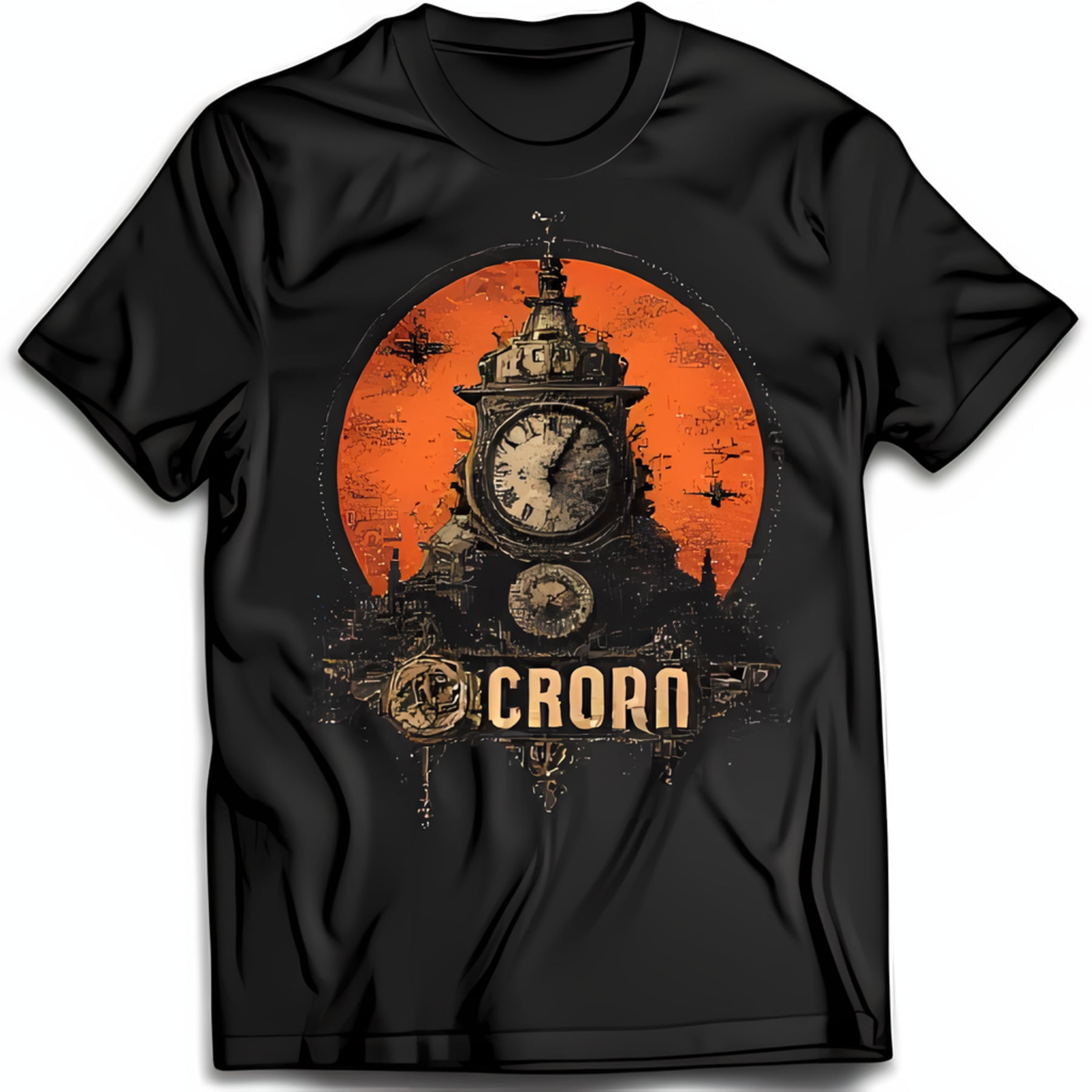 Black TShirt with Ethereal Ancient Clock Tower Design and 'CRORA