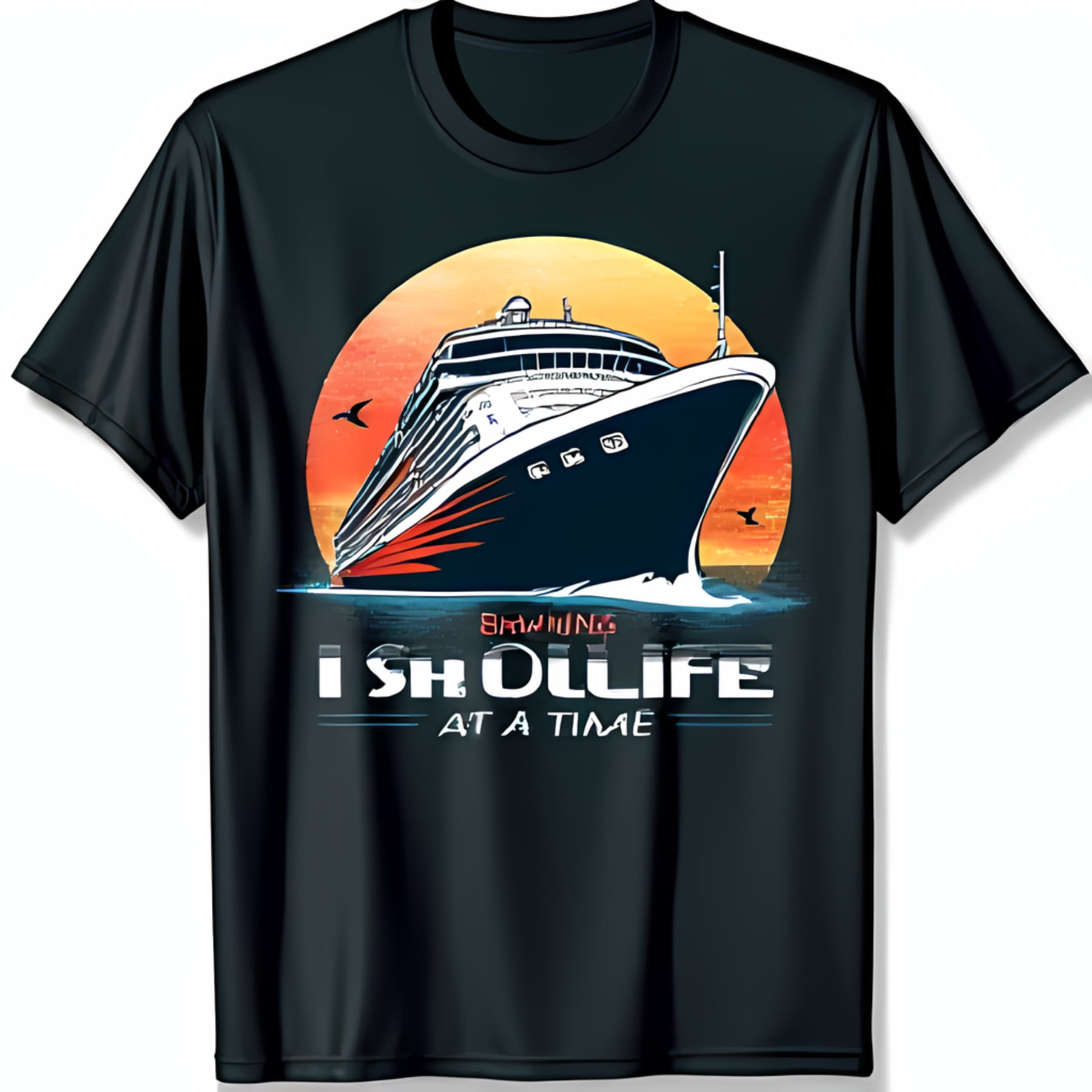 Black TShirt with Eye Catching Cruise Ship Sunset Graphic for Travel