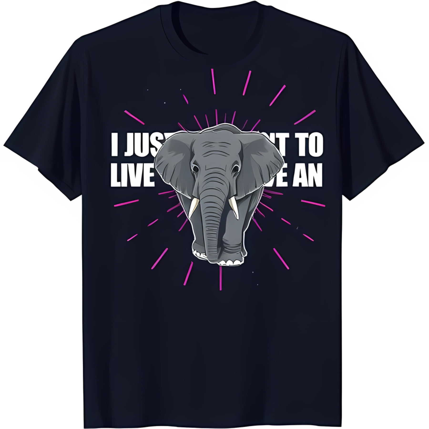 Black TShirt with Eye Catching Elephant Graphic and Pink Radiating