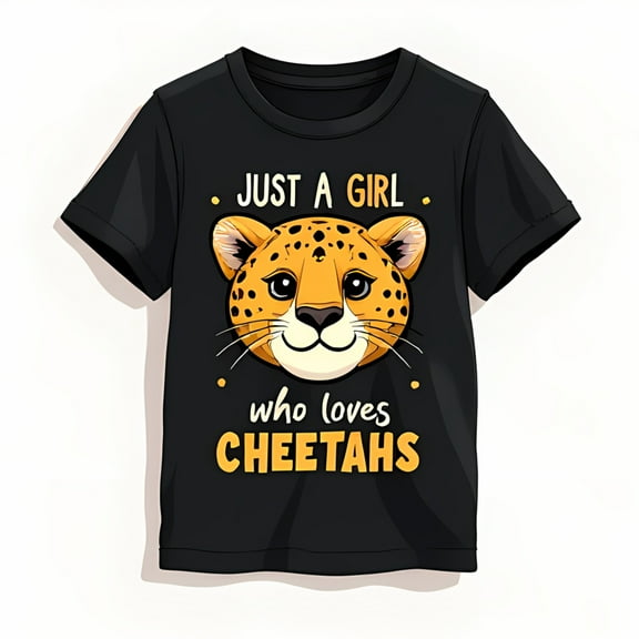 Black T-Shirt with Face Graphic 'Just a Girl Who Loves Cheetahs'