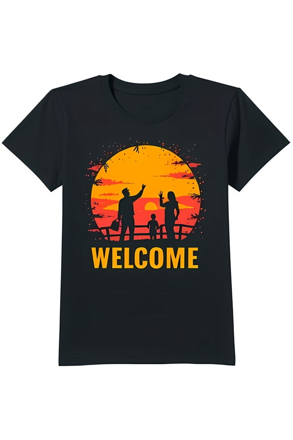Black T-Shirt with Family Waving at Sunset 'Welcome' Graphic