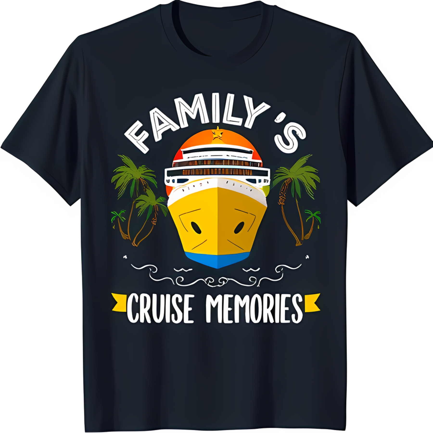 Black TShirt with 'Family's Cruise Memories' Graphic & Cartoon Ship
