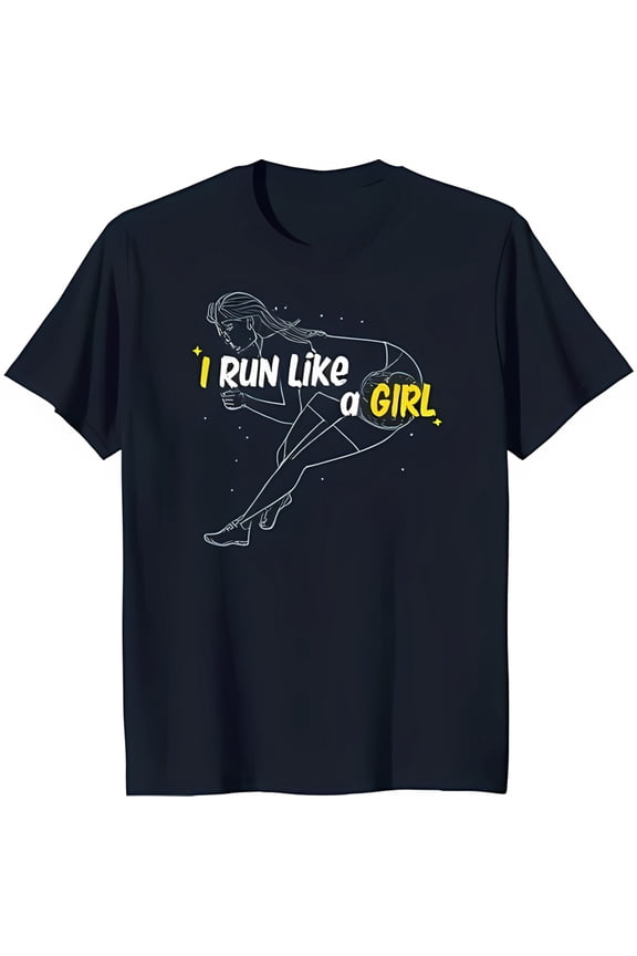 Black T-Shirt with Female Runner & 'I RUN LIKE A GIRL' Print