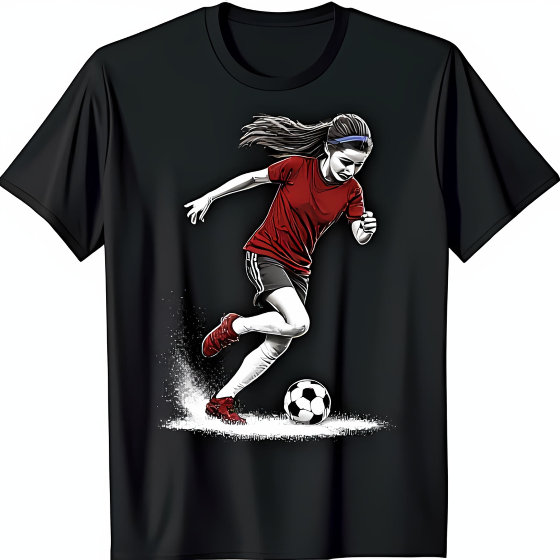 Black TShirt with Female Soccer Player Graphic Dribbling Action Design