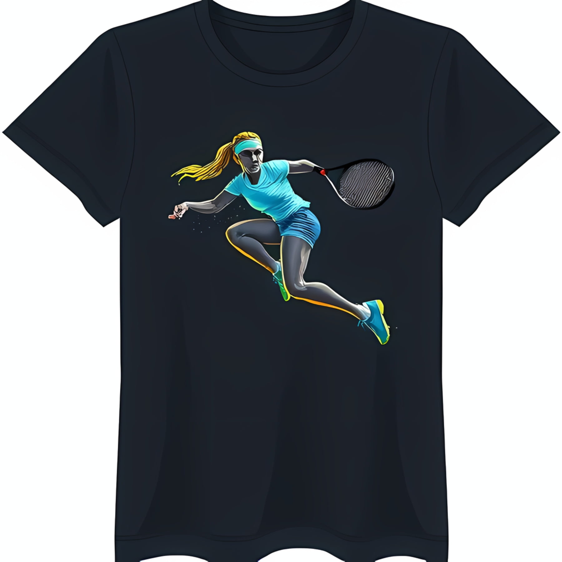 Black TShirt with Female Tennis Player Graphic Jumping Action Design