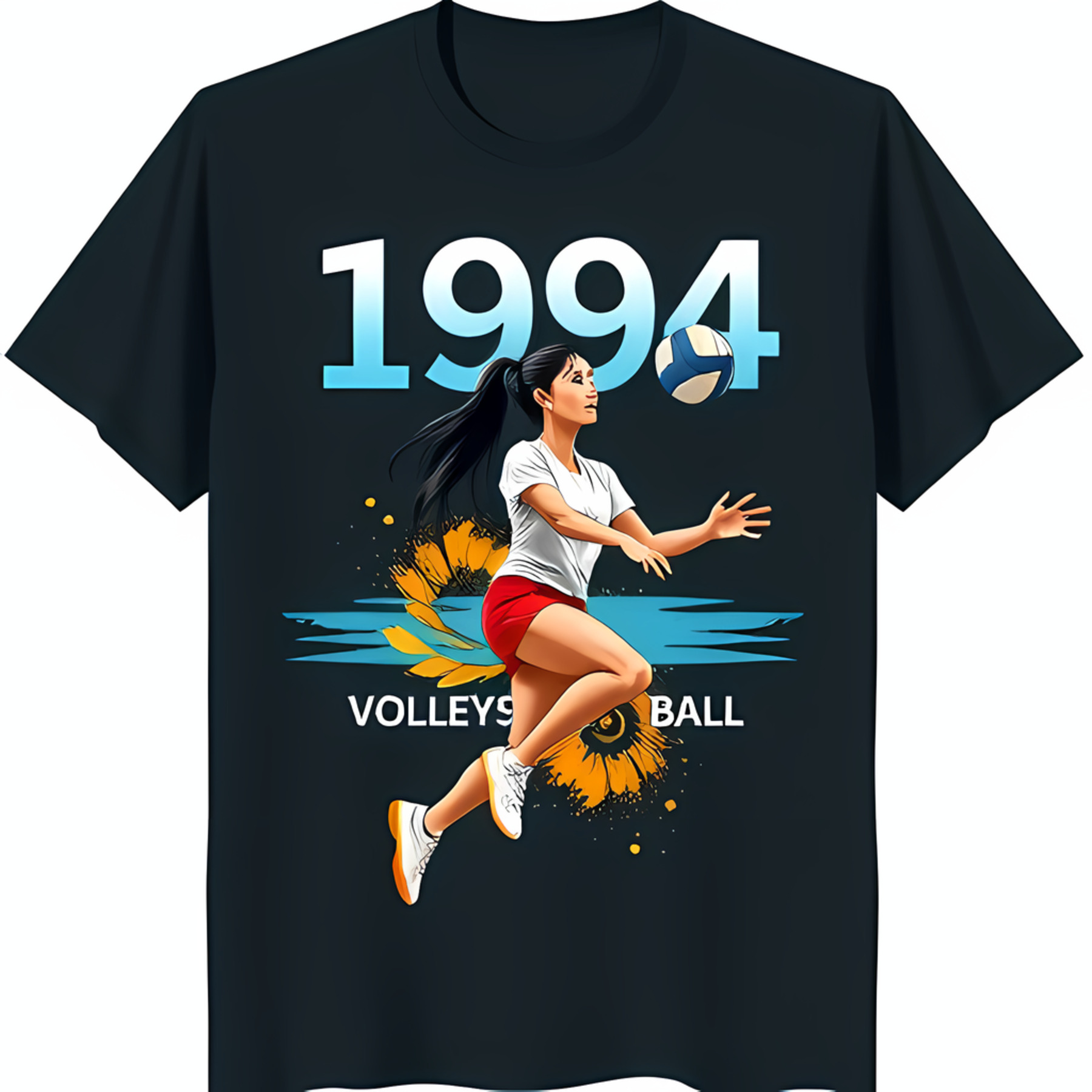 Black TShirt with Female Volleyball Player Design Sunflowers & 1994