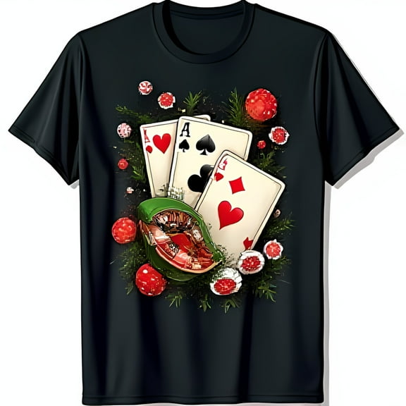 Black T-Shirt with Festive Green Graphic & Playing Cards Design