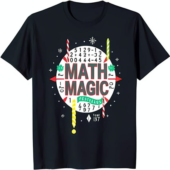 Black T-Shirt with Festive 'MATH MAGIC' Design Candy Canes & Snowflakes