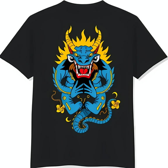 Black T-Shirt with Fierce Graphic Bold Mythical Design