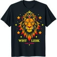thumbnail image 1 of Black T-Shirt with Fiery Lion Crown Design & 'Wist Lesk' Text Unique Graphic Tee, 1 of 5