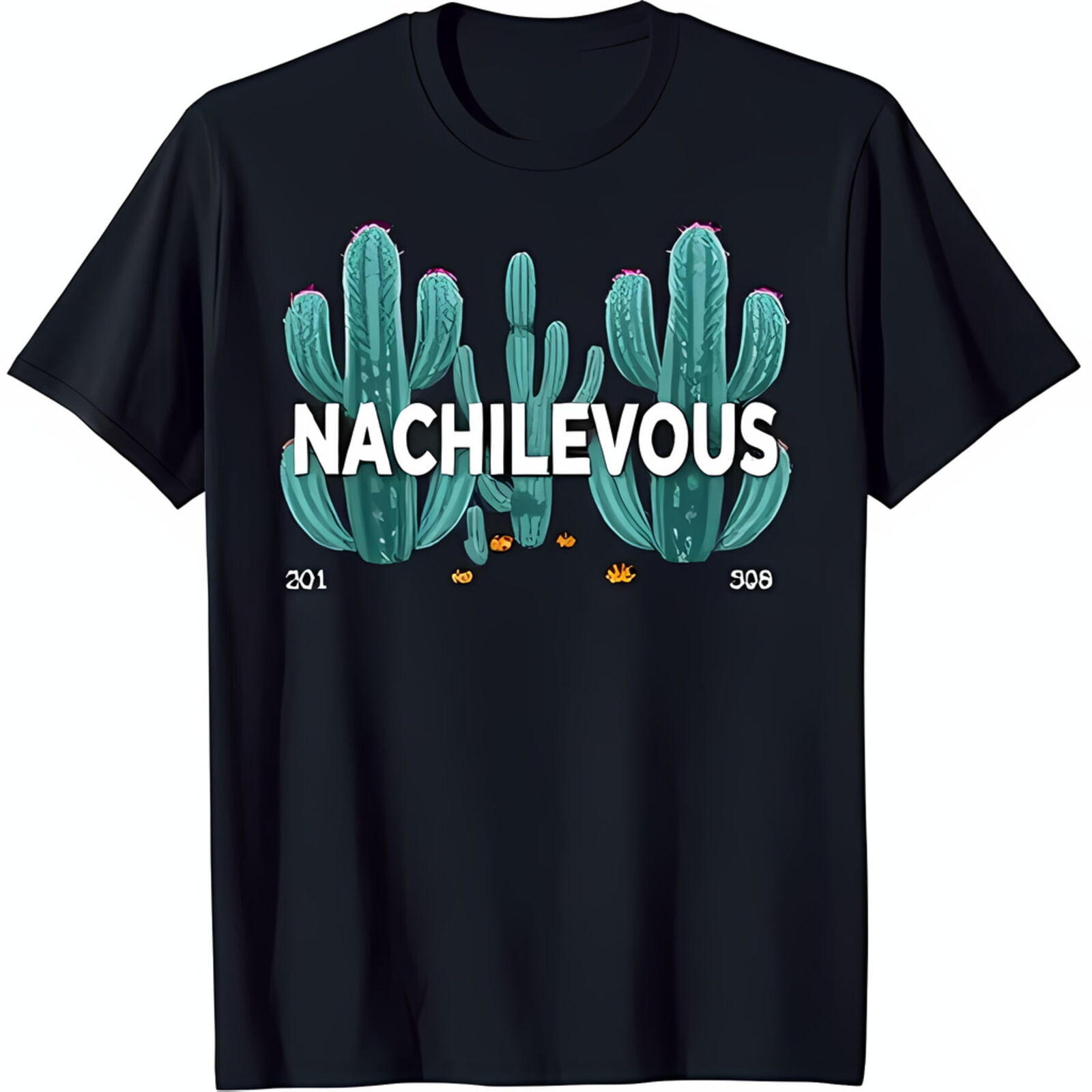 Black TShirt with Five Green Cacti and Pink Flowers 'NACHILEVOUS