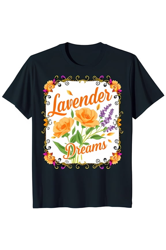 Black T-Shirt with Floral Print & Gold 'Lavender Dreams' Design