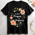 thumbnail image 1 of Black T-Shirt with Floral Wreath Graphic Weighted Progress not Perfection Design, 1 of 5
