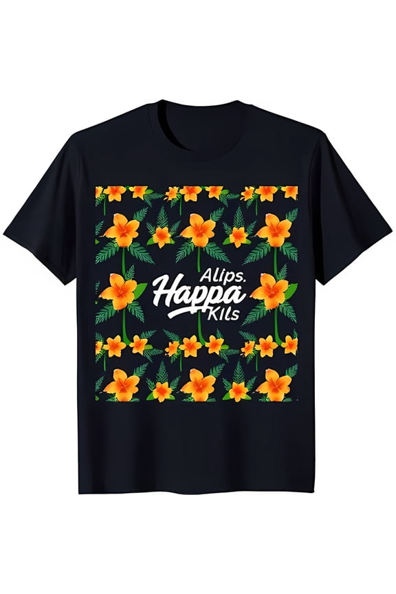 Black T-Shirt with Flower Pattern & 'Alips Happa Kills' Print