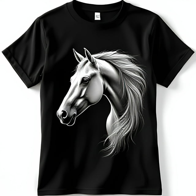 Black TShirt with Flowing White Horse Head Graphic