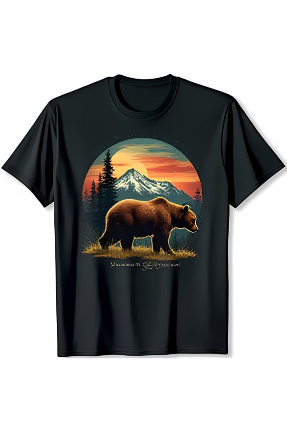 Black T-Shirt with Forest Sunset Graphic Nature Inspired Design