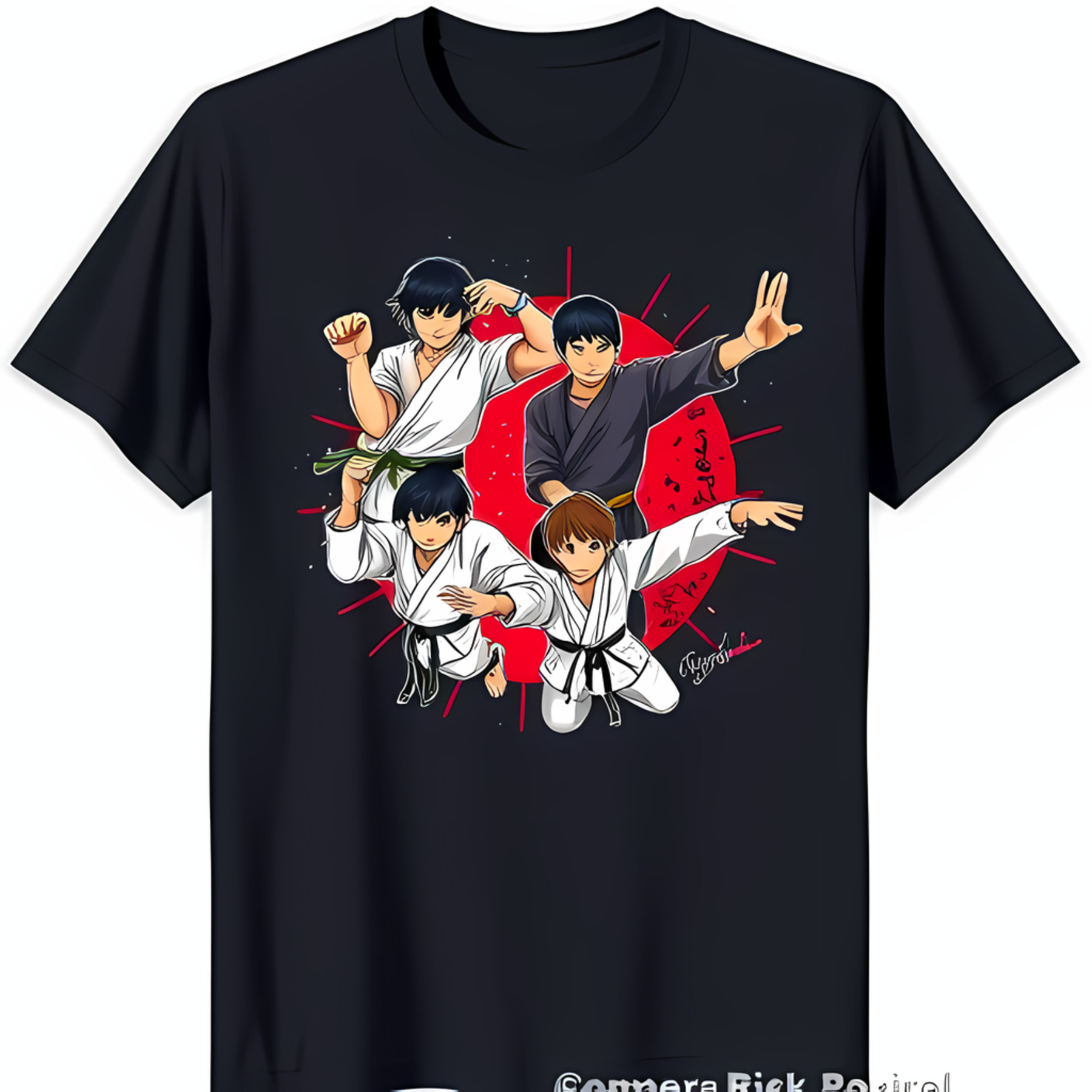 Black TShirt with Four Anime Characters in Karate Poses and Bold Red