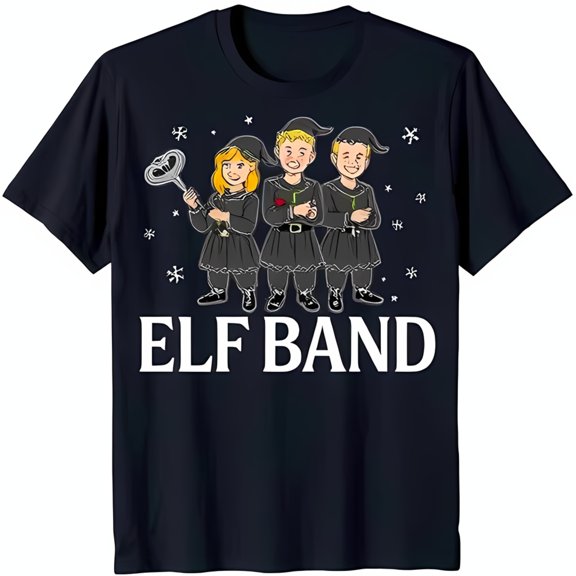 Black T-Shirt with Fun ' BAND' Graphic Print Featuring Three Elves