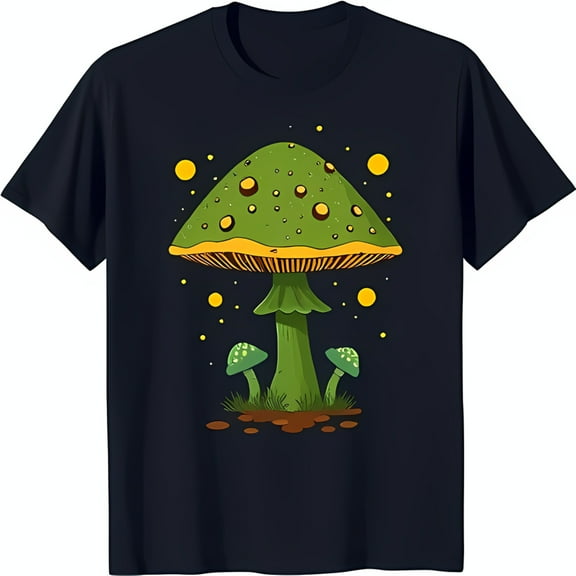 Black T-Shirt with Fun Cartoon Mushroom Design Large Green Mushroom with Yellow Polka Dots