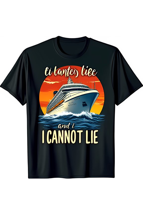 Black T-Shirt with Fun Cruise Ship Sunset Graphic & Playful Text Overlay