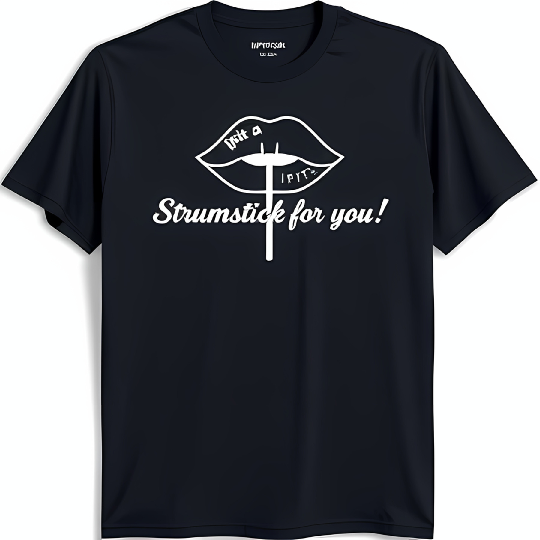 Black TShirt with Fun Graphic Lips & Drumstick 'Eat a Strumstick for