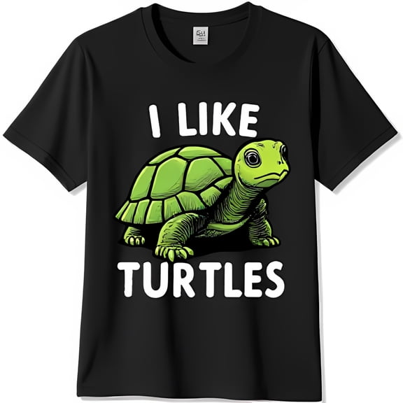 Black T-Shirt with Fun Green Graphic and 'I LIKE TURTLES' Text