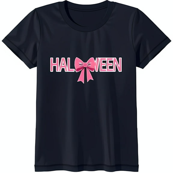 Black T-Shirt with Fun 'Halloween' Graphic and Pink Bow Accent