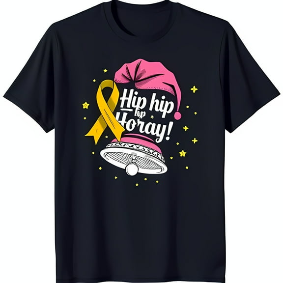 Black T-Shirt with Fun Pink Bell Graphic & Yellow Ribbon 'Hip Hip Hooray '