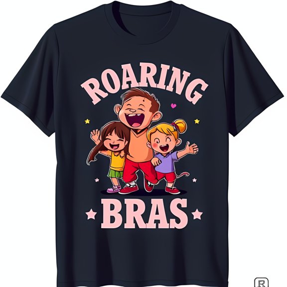Black T-Shirt with Fun 'Roaring Bras' Graphic & Happy Cartoon Design