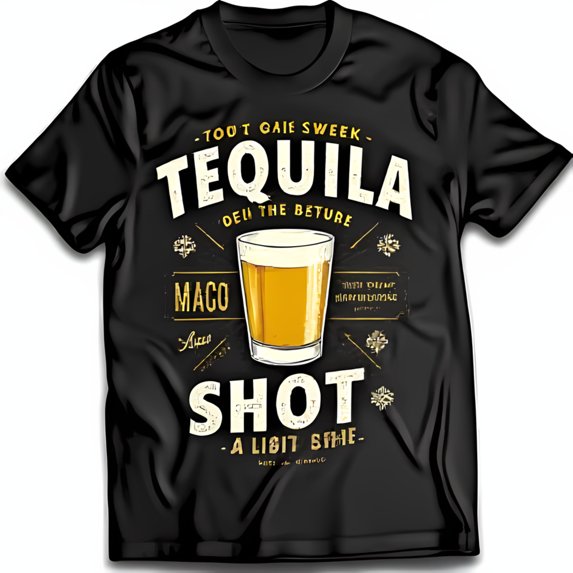 Black T-Shirt with Fun Tequila Shot Glass Graphic & Playful Text Design