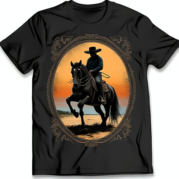 Black T-Shirt with Galloping Black Horse and Cowboy Design Classic Style