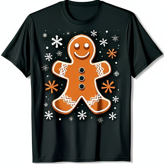 Black T-Shirt with Gingerbread Man Graphic Surrounded by Snowflakes for Holiday Casual Wear