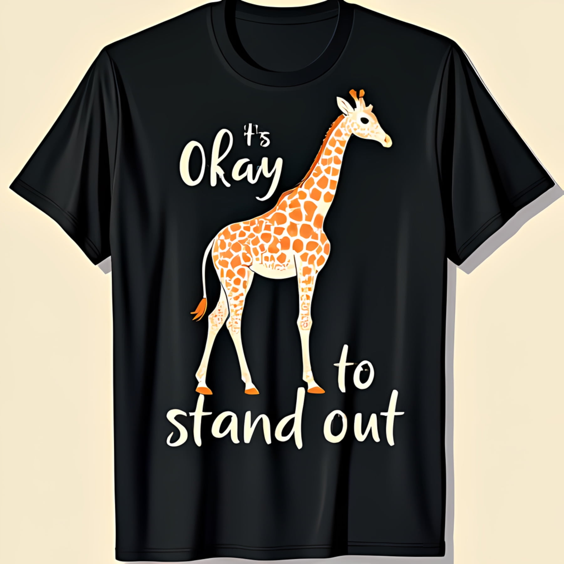 Black TShirt with Giraffe Graphic & 'It's Okay to Stand Out' Text