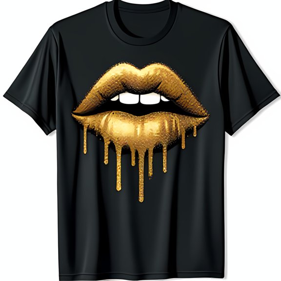 Black T-Shirt with Glamorous Gold Glitter Lip Design Dripping Glitter Graphic Tee