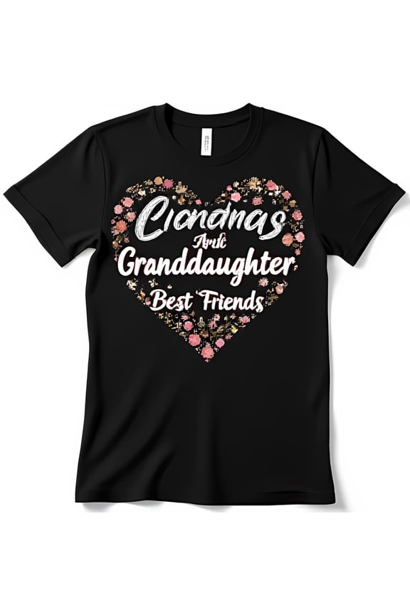 Black T-Shirt with Glittery Heart Floral Design Grandma & Granddaughter Best Friends