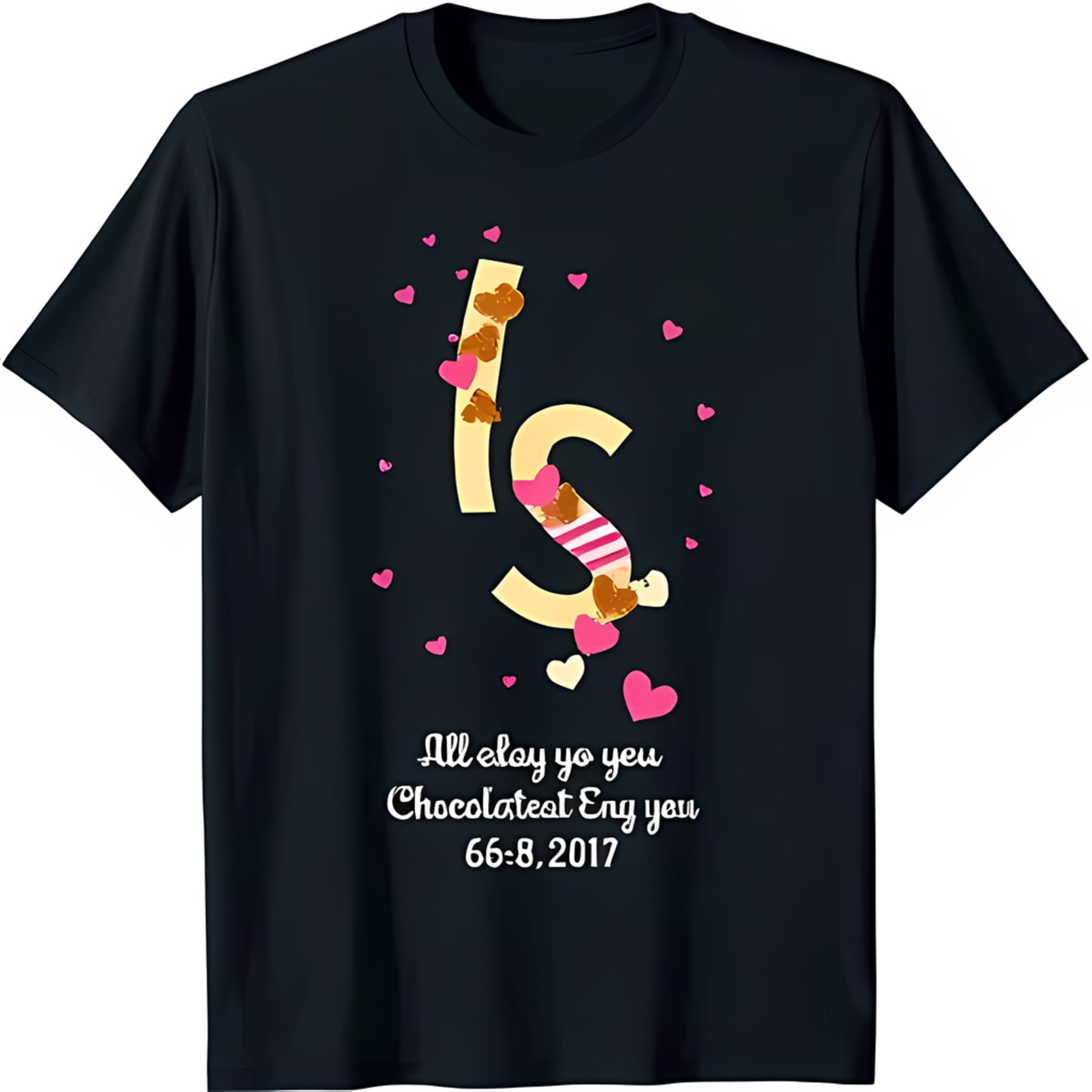 Black TShirt with Gold '15' Design Featuring Pink Hearts & Unique