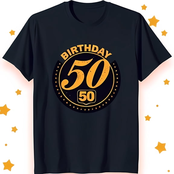 Black T-Shirt with Gold 'Birthday 50' Circle Design & Stars 50th Birthday