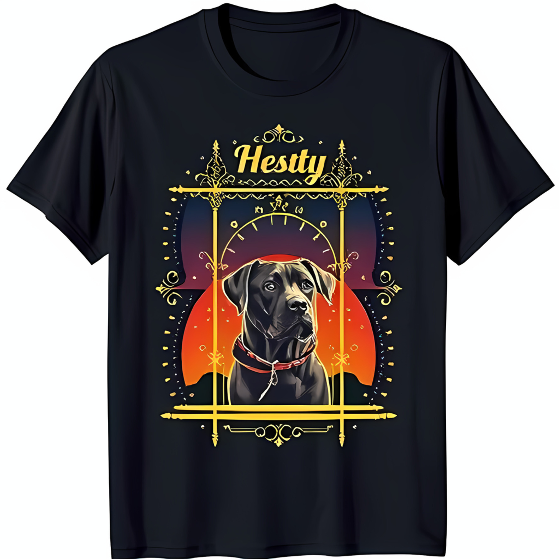 Black TShirt with Gold & Black Dog Design Sunset Background 'Hesty' Text