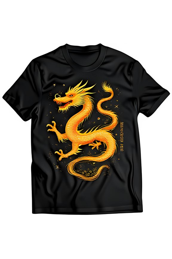Black T-Shirt with Gold Chinese Design Swirling Clouds & Stars